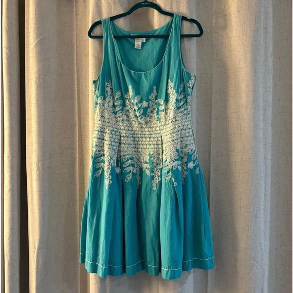 Max Studio, Studio M Size Large Teal and Cream A-line Sleeveless Dress. - Picture 1 of 9